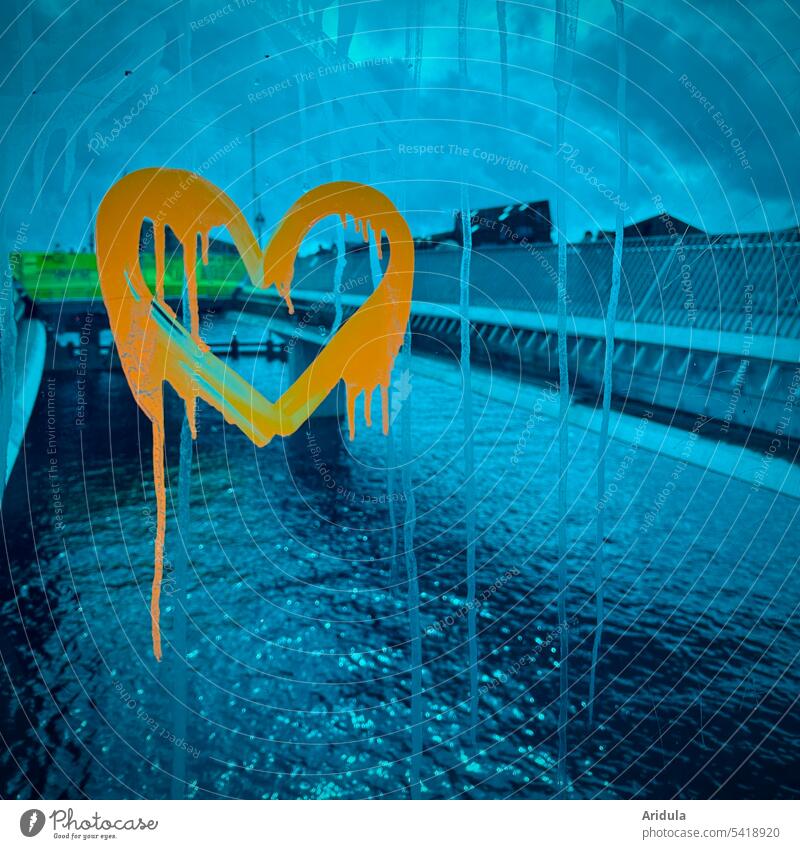 Sad heart | Orange graffiti heart on blue glass wall of a bridge Heart Graffiti Love Emotions Romance Glass wall Declaration of love Lovesickness With love Sign