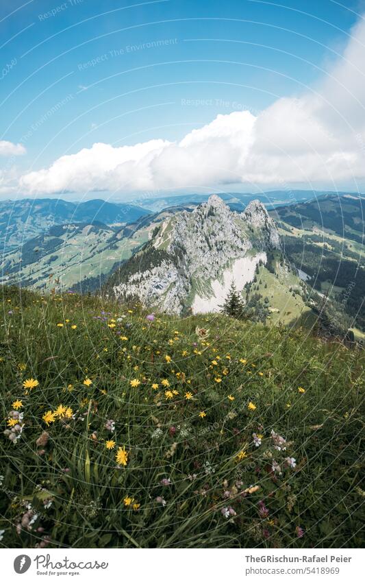 View of mountain with grass and clouds Colour photo big myths Mountain Hiking Switzerland Tourism Alps Landscape Exterior shot Green Walking Nature Environment
