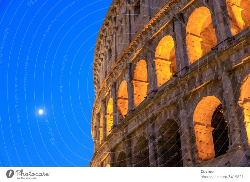 Colosseum in Rome Rome Colosseum blue hour Moon Cloudless sky Complementary colour harmony Tourism Sightseeing Italy Ancient Theatre Amphitheatre History of the