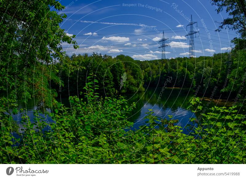 Environmental protection and energy security (Summer green lake landscape with two power pylons in the background against blue sky) Lake Inland waters Summery
