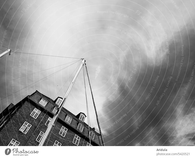 Ship mast in front of building with dramatic sky b/w House (Residential Structure) ship Sky Clouds Harbour Copenhagen Denmark Window Architecture Building