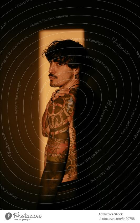 Shirtless tattooed man looking at camera shirtless cool mustache brutal allure informal dark stand accessory male piercing muscular young stillness shade model