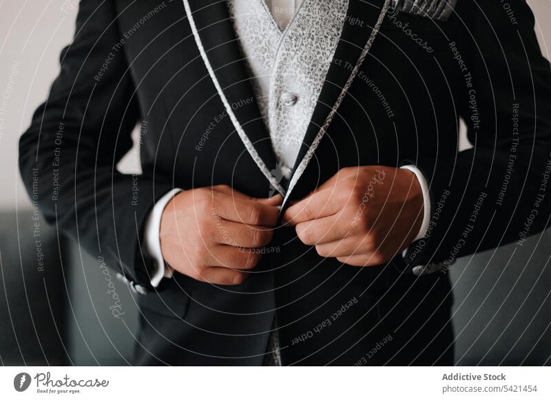 Elegant bridegroom buttoning wedding suit man jacket style fashion elegant classy male occasion luxury apparel garment cloth outfit classic wear gentleman fancy