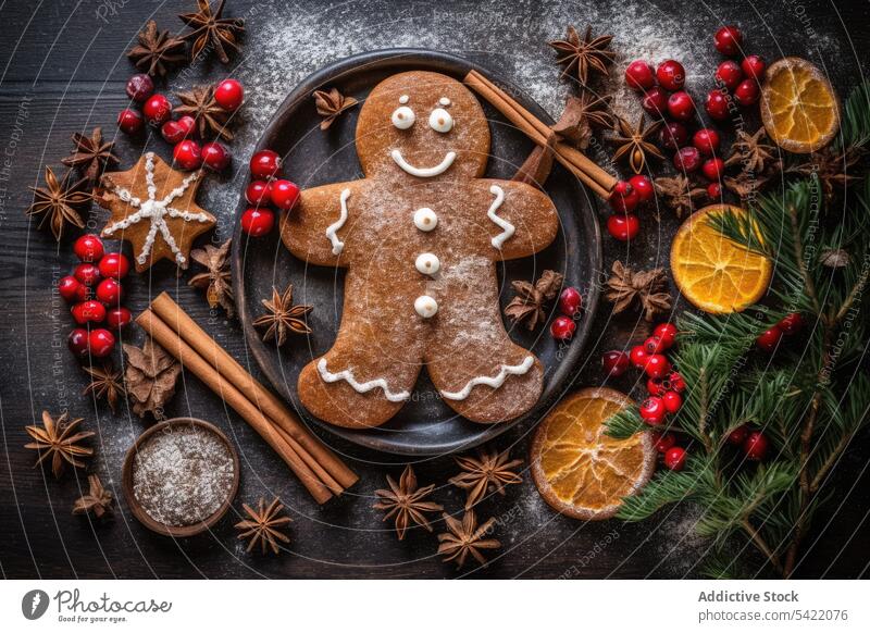 Generative AI illustration of top view of traditional gingerbread man cookie on plate for Christmas holidays placed on wooden table near different ingredients and decorative elements