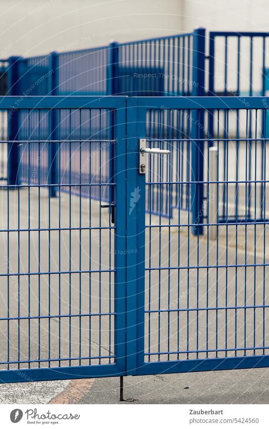 Blue gate made of modern grid, behind it the blue grid itself, forms a blue grid structure Grating latticed Goal open Close locked too Access Closed Metal