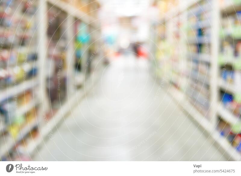 Market shop and supermarket interior blur background store grocery people customer shelf retail buy mall aisle perspective consumer food sale business light row