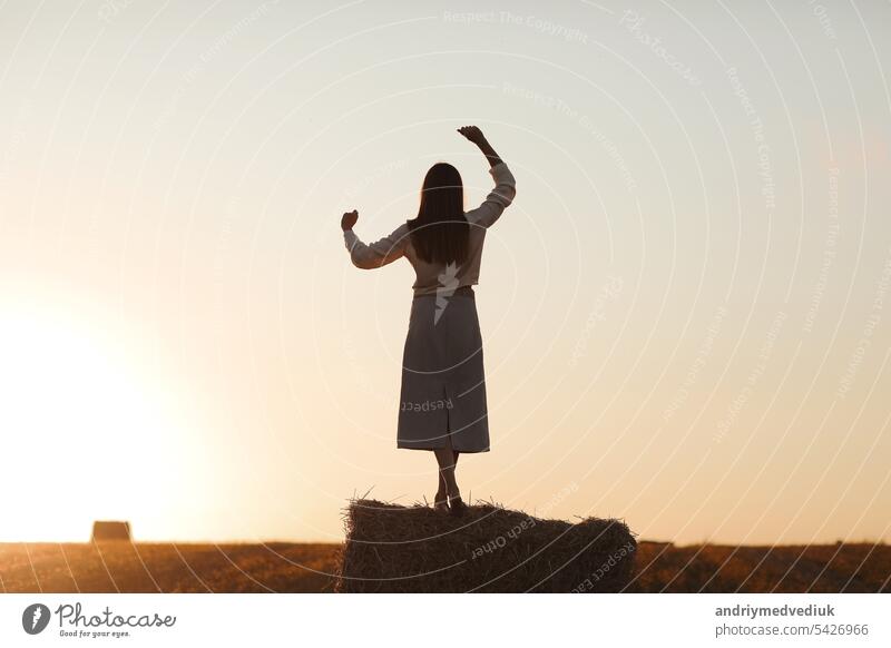 Young woman with long hair is standing and having fun on straw bale in field in summer on sunset. Female portrait in natural rural scene. Environmental eco tourism concept.