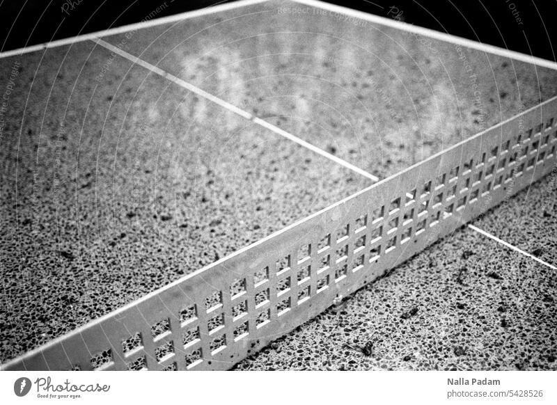 table tennis table Analog Analogue photo B/W black-and-white Table tennis Table tennis table Sports game Net Concrete Metal Grating Line Exterior shot