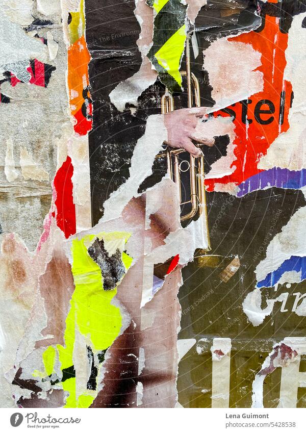 Collage torn off poster trumpet Poster torn down Colour photo Pattern Multicoloured Art Structures and shapes Trumpet Letters (alphabet) Neon yellow Detail