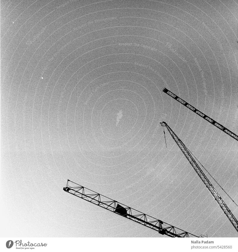 Three crane jib Analog Analogue photo B/W Exterior shot black-and-white Sky Crane Outrigger Metal Line Construction site Build work