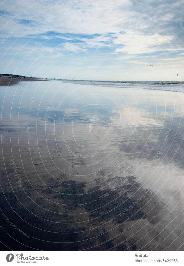 The blue cloudy sky, reflected in the shallow coastal water on the North Sea beach Ocean Water Beach Sky reflection Reflection Sand Waves Clouds