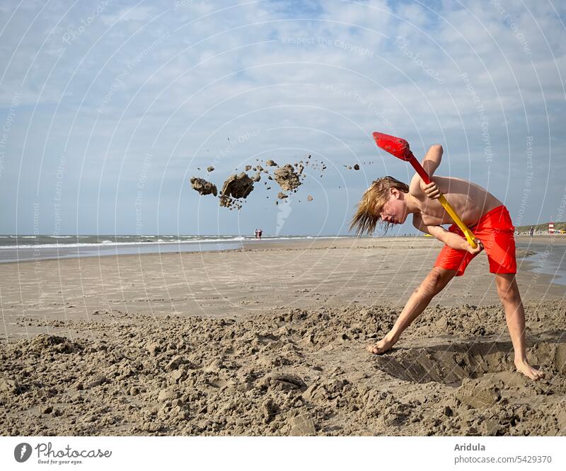 Attention, flying lumps of sand! Boy (child) Child Sand Beach Budeln Dig Shovel Infancy Vacation & Travel Summer coast Sandy beach Ocean Summer vacation Playing