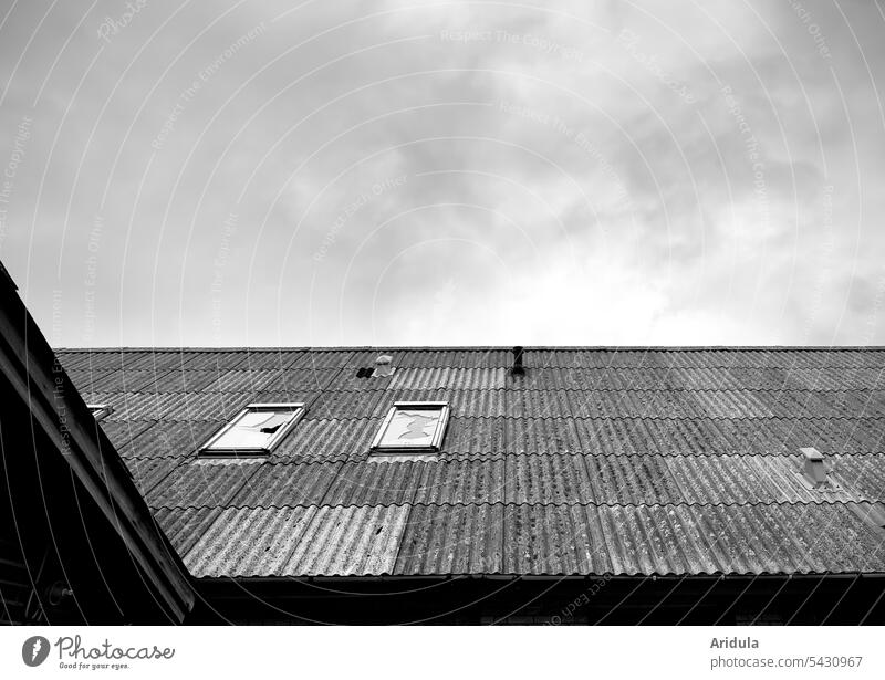 Corrugated metal roof with smashed skylights b/w Roof Corrugated sheet iron Corrugated iron roof Window Skylight House (Residential Structure) Building Vacancy