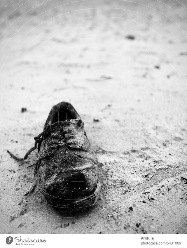 Flotsam | Old black lace up shoe Single shoe Sand Beach Flotsam and jetsam Doomed on one's own Ocean coast Water Discovery shoelaces Washed up
