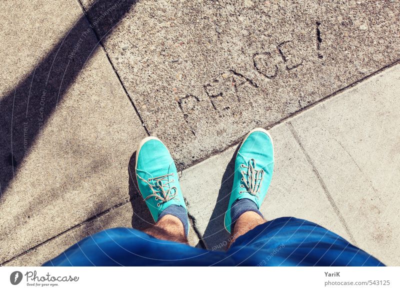 peace! Footwear Compassion Obedient Peaceful Goodness Humanity Solidarity Blue Turquoise Shoelace Stockings Sidewalk Art Stone Adhesive plaster Concrete