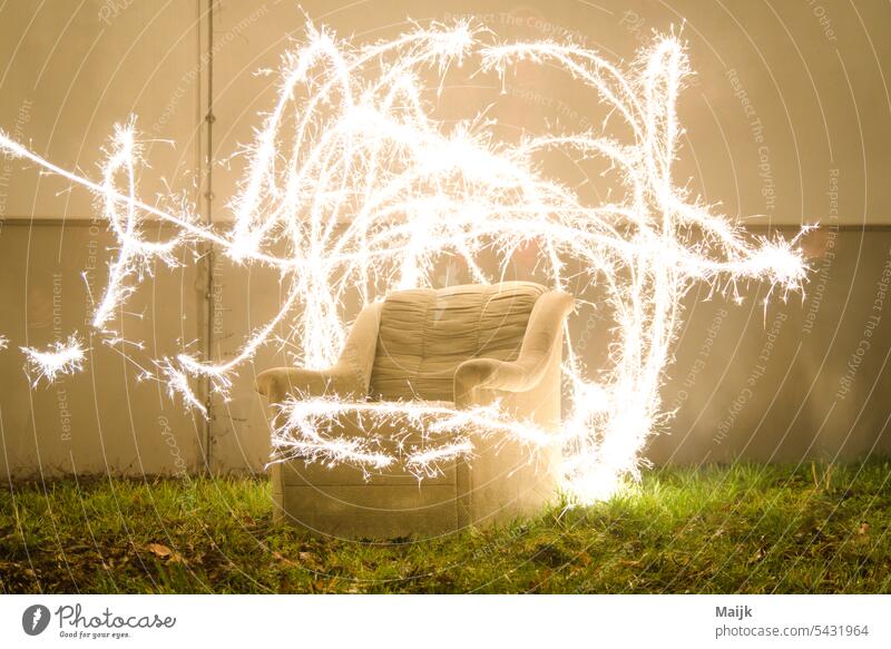 couch armchair Armchair Deserted Colour photo recliner Furniture Old out Wall (building) star sprayers star splash Movement Chair Sofa Sit Seating Exterior shot