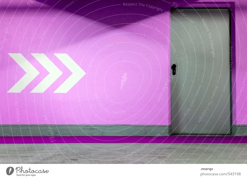 a way out Style Design Interior design Wall (barrier) Wall (building) Door Sign Signs and labeling Line Arrow Hip & trendy Gray Violet White Colour