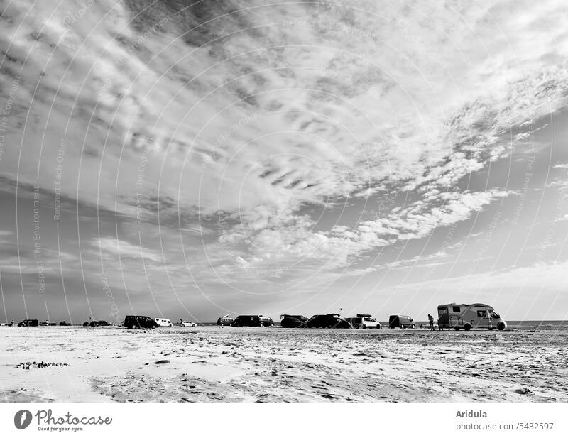 Parking cars on beach b/w Beach Mobile home Camper North Sea coast Vacation & Travel Landscape Tourism Denmark Clouds Sky