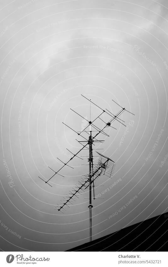 World receiver | TV antenna juts into overcast sky Antenna television aerial Roof Sky Clouds Technology Day Bad weather Cloud cover grey sky Exterior shot