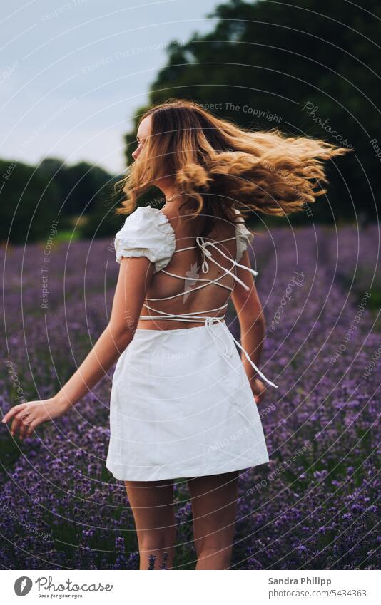 Girl in white dress spinning in lavender field Lavender shoot Model Dress White Summer youthful Field Lifestyle pretty Nature Freedom naturally purple Happiness