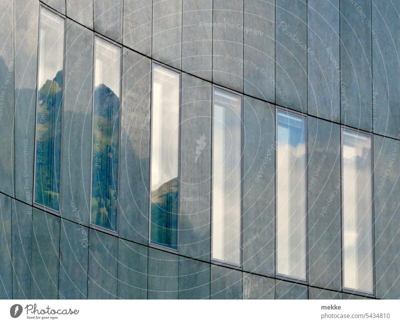 There is a mountain sitting in the office House (Residential Structure) Office building Mountain Nature Facade Window Window pane Building Glas facade Modern