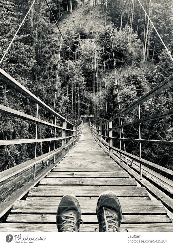 Suspension bridge adventure Bridge feet stagger Unafraid of heights Adventure Forest Hiking Nature Vacation & Travel trees Black & white photo Fear of heights