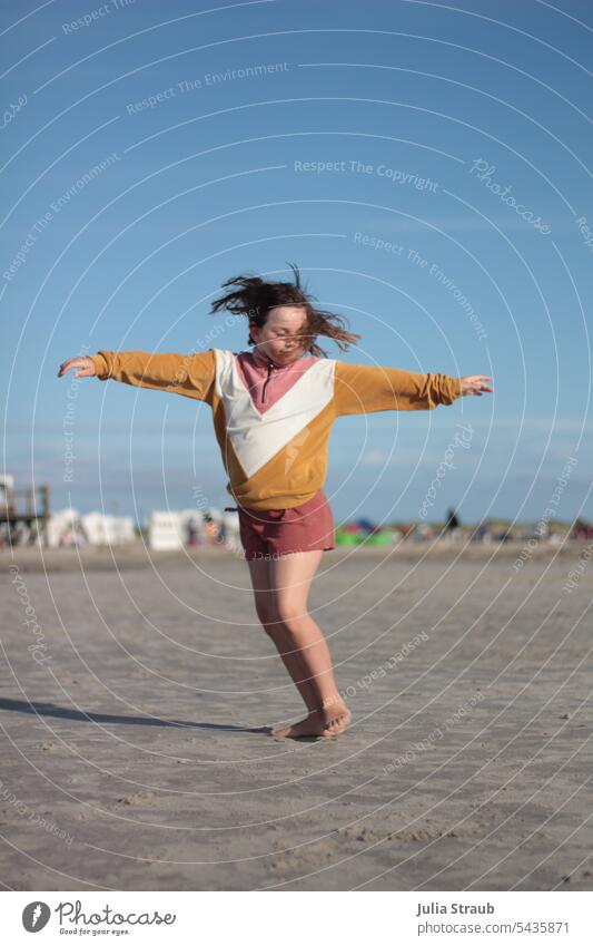 And I'm spinning and I'm spinning.... Rotate Child Infancy by the sea Beach coast North Sea vacation Sun eyes closed fun out Sand Summer Vacation & Travel