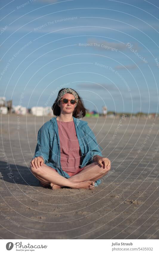 meditation Ocean Beach Sand Sit Sit Cross Legged Yoga Meditation meditate tranquillity time-out Relaxation Woman Healthy Sunglasses Wind Hairband Summer