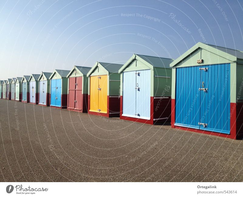 beach huts Brighton Great Britain Europe Town Deserted Wood Sports Multicoloured Colour photo Exterior shot Copy Space top Copy Space bottom Sunlight