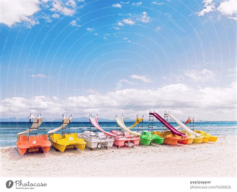 colorful pedal boats on white beach Colour photo colourful colors Pedal boats Boats on the beach Beach pretty Beach life vacation coast Water Vacation & Travel