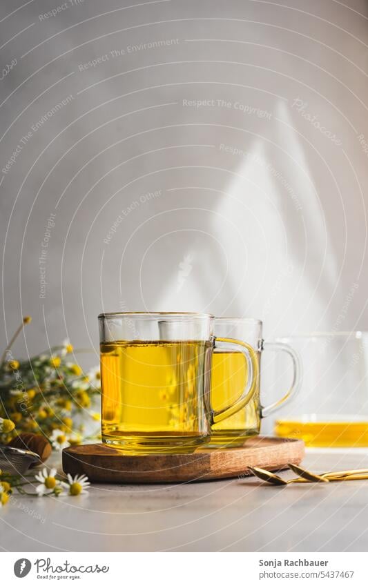 Two glasses of chamomile tea on a table camomile tea Camomile blossom drinking glass Herb tea Tea #hotge Colour photo Beverage Alternative medicine Hot drink