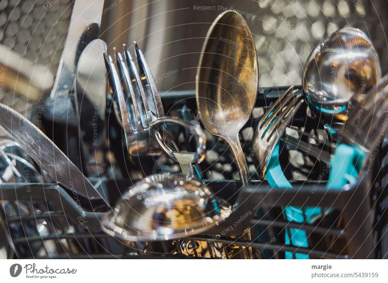 Cutlery in the dishwasher Spoon Fork Basket scour Metal Knives neat Kitchen utensil Glittering Illuminate mirroring Deserted Silver silver plate Silverware