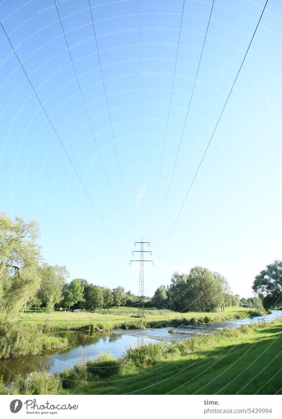 Stream Land River Tree Sky vechte sunny Environment Landscape Nature Shadow Meadow River bank Water Fresh salubriously trees Electricity pylon energy transport