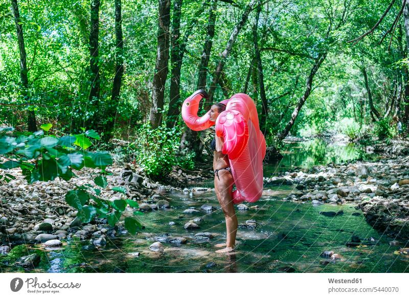 Woman walking in river, carrying an inflatable flamingo swimming amazement amazed River Rivers standing summer summer time summery summertime bathing bathe
