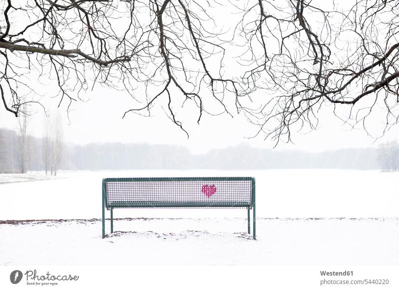 Embroidered heart at bench in winter landscape pink magenta western script Germany alone solitary solo Tree Trees sky skies lonely secluded hibernal melancholy