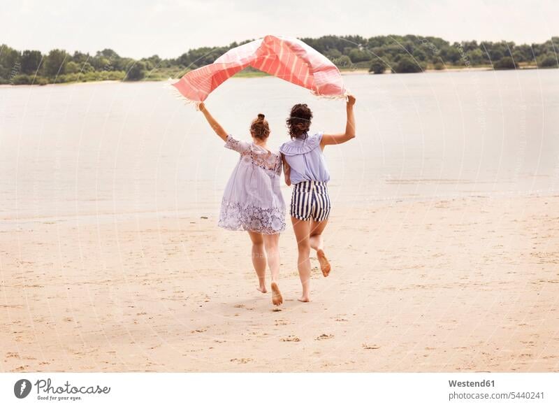 Back view of two friends running side by side on the beach holding cloth over their heads beaches female friends mate friendship clothes woman females women