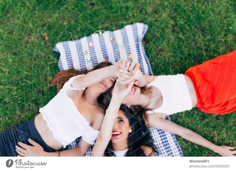 Friends in a park lying on blanket raising their arms laying down lie lying down relaxed relaxation parks female friends relaxing mate friendship