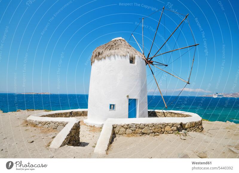 Greece, Mykonos, view of traditional windmill white Travel destination Destination Travel destinations Destinations wind mill windmills wind mills copy space