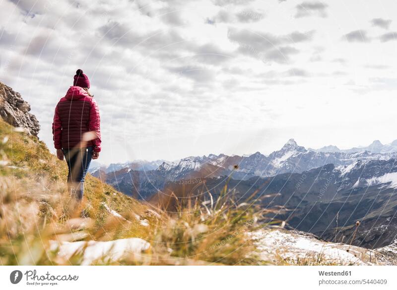 Germany, Bavaria, Oberstdorf, hiker in alpine scenery hiking mountain range mountains mountain ranges woman females women landscape landscapes terrain Adults