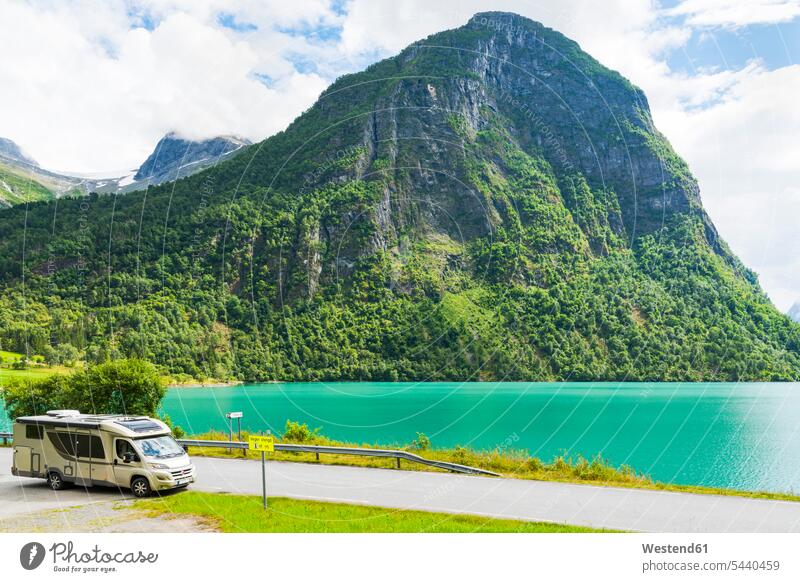 Norway, Sogn og Fjordane, Lake Oldevatnet, camper at road beauty of nature beauty in nature View Vista Look-Out outlook car park parking place mountain