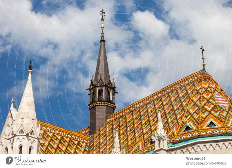 Hungary, Budapest, diamond pattern roof tiles and spires of Matthias Church Christianity upper section top section Top half day daylight shot daylight shots