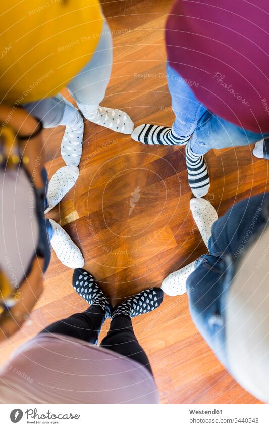 Close-up of feet of five women standing on wooden floor woman females wooden floors community Companionship female friends foot human foot human feet Adults
