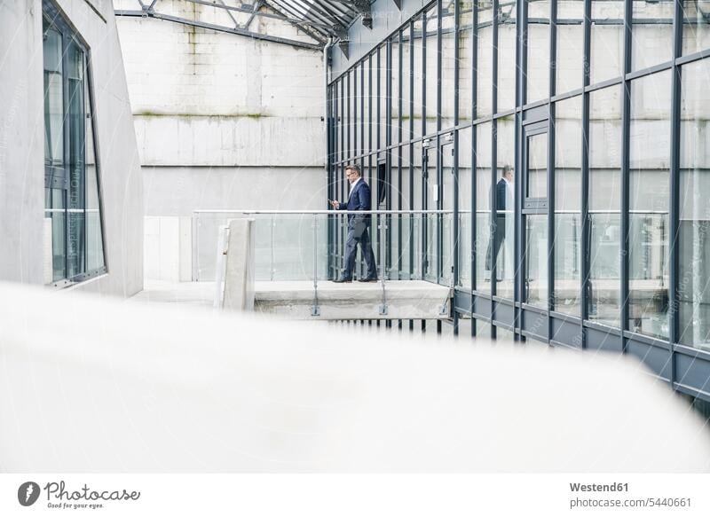 Businessman walking on skywalk looking at cell phone Business man Businessmen Business men business people businesspeople business world business life reading