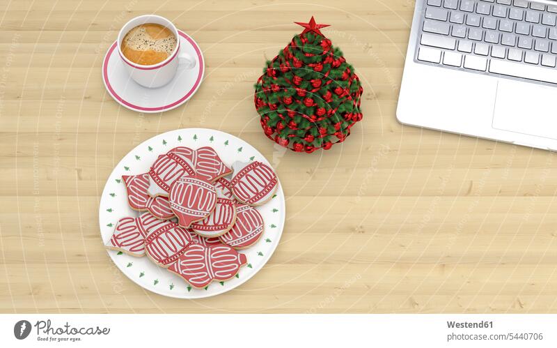 Christmas decortaion in the office, cup of coffee and cookies by laptop on desk Idea Ideas enjoying indulgence enjoyment savoring indulging Taking a Break