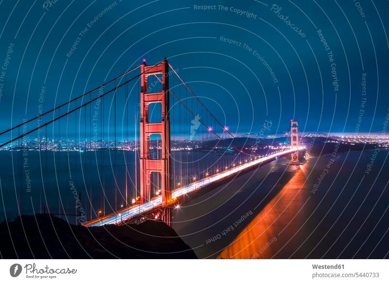 USA, California, San Francisco, Golden Gate Bridge at night illuminated lit lighted Illuminating View Vista Look-Out outlook illumination lighting outdoors