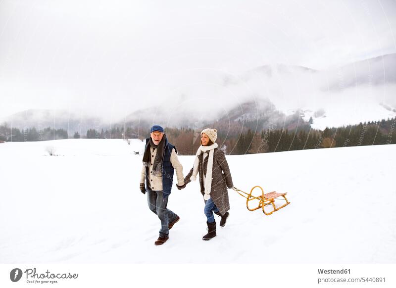 Happy senior couple with sledge walking in snow-covered landscape elder couples senior couples adult couple adult couples twosomes partnership people persons