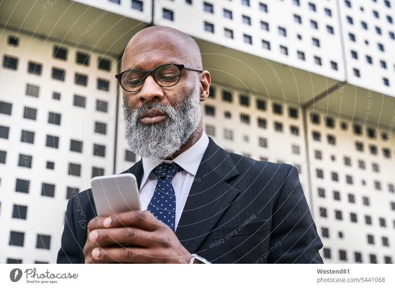 Mature businessman reading smartphone messages Businessman Business man Businessmen Business men wall walls on the move on the way on the go on the road serious