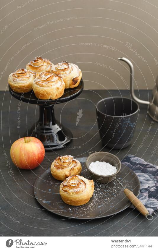 Home-baked apple tart with rose pattern Pastry Pastries French Food French Cuisine mug mugs cup sweet Sugary sweets Shabby chic tartlet cake stand icing sugar
