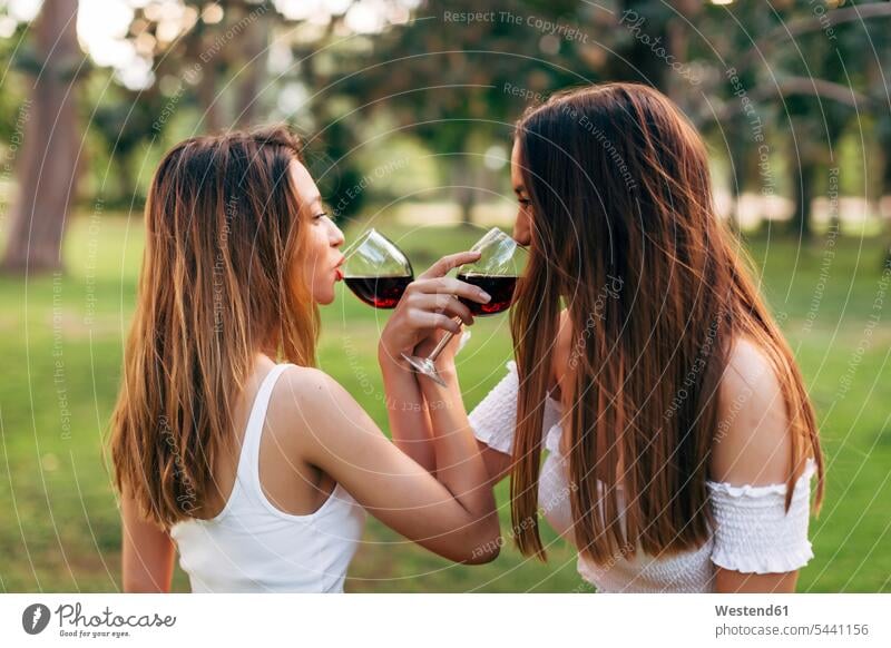 Two women in a park drinking red wine face to face parks holding Red Wine Red Wines female friends Alcohol alcoholic beverage Alcoholic Drink Alcoholic Drinks
