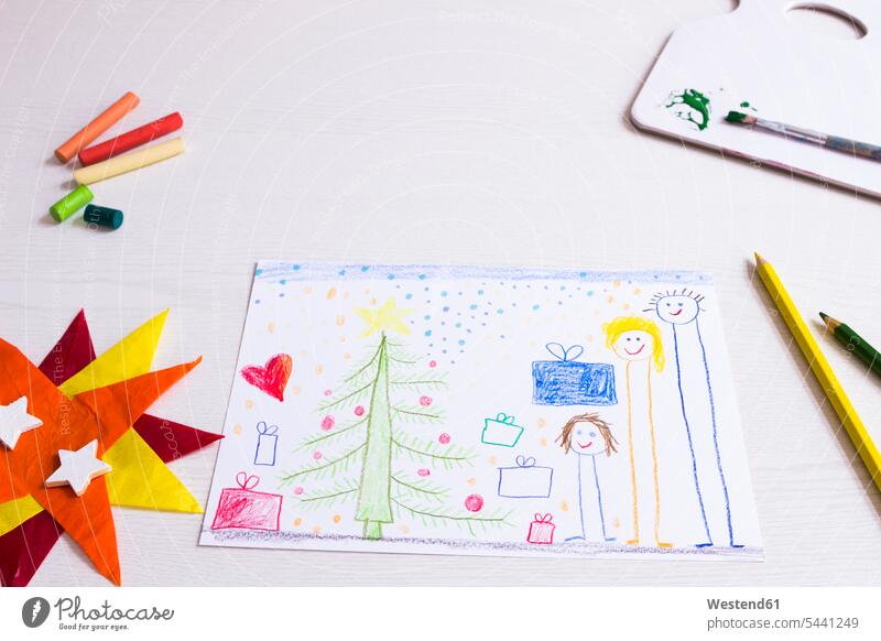 Children's drawing of happy family at Christmas father pa fathers daddy dads papa child likeness gift Creativity creative cheerful gaiety Joyous glad